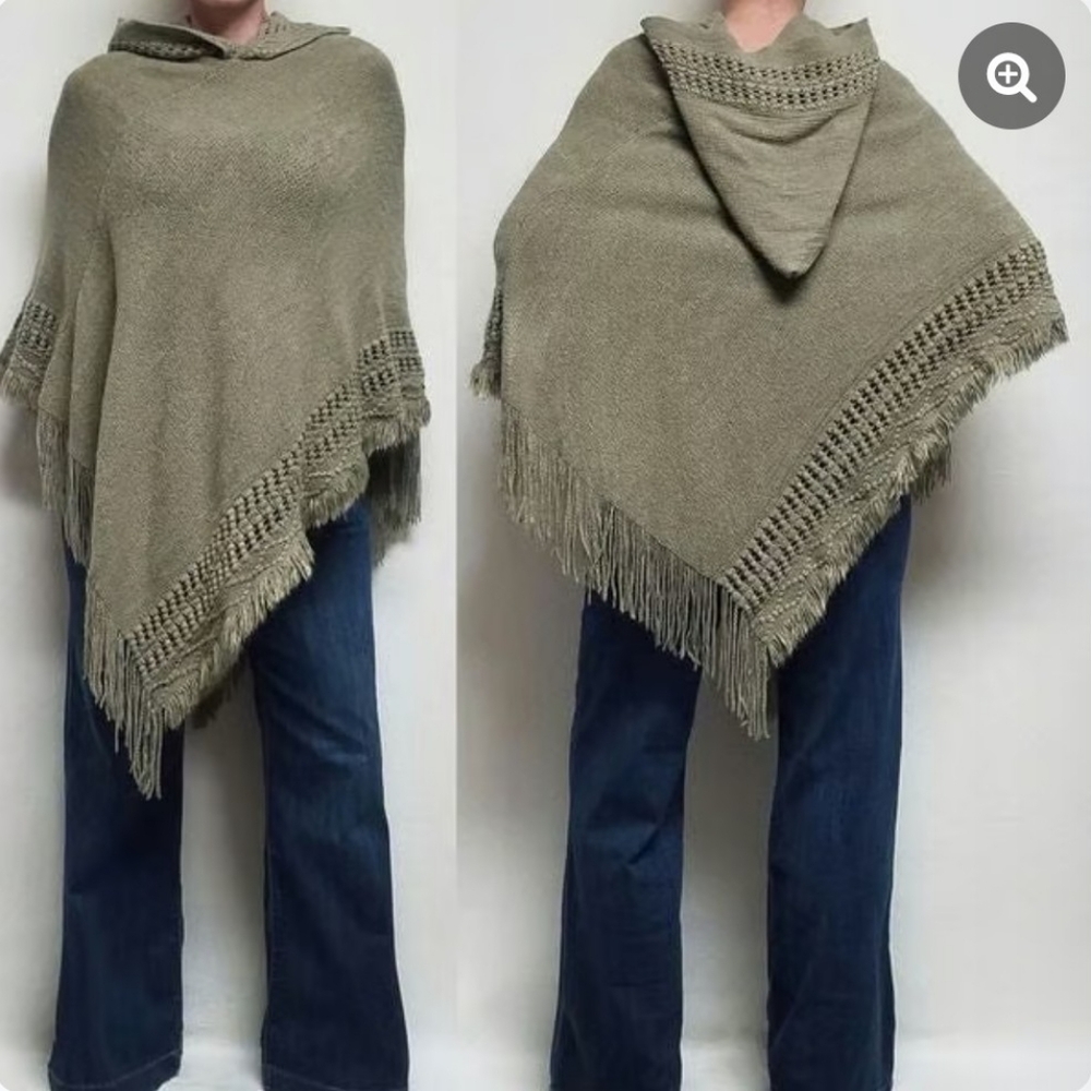Boho Eyelet Knit Fringe Hooded Cape